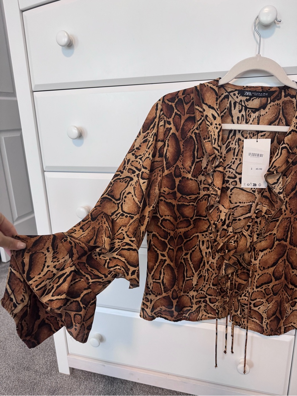 Zara Brown & Black Animal-Print Tie-Front Blouse